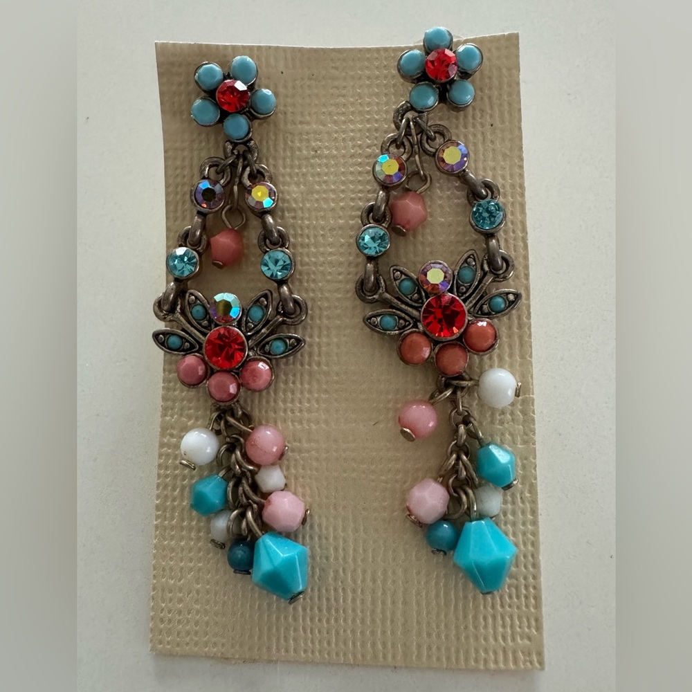 Michal Negrin Crystal Vintage Boho Floral Chandelier Beaded Dangle Earrings
